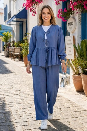 Kadın Bağlamalı Çilek Kumaş Mavi Tunik Pantolon İkili Takım