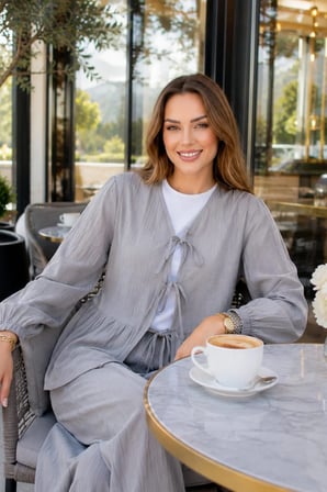 Kadın Bağlamalı Çilek Kumaş Gri Tunik Pantolon İkili Takım