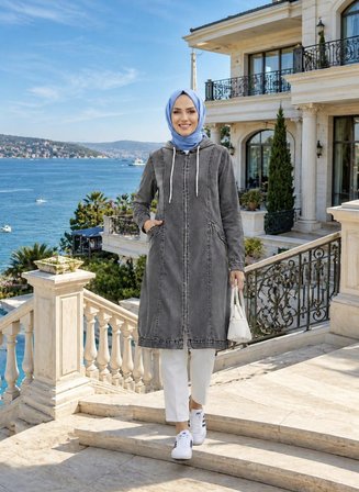 Kadın Kapüşonlu Fermuarlı Cepli Gri  Kot Kap