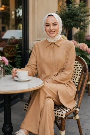 Kadın Düğmeli Kuşaklı  Çilek Kumaş Tunik Pantolon Bej İkili Takım