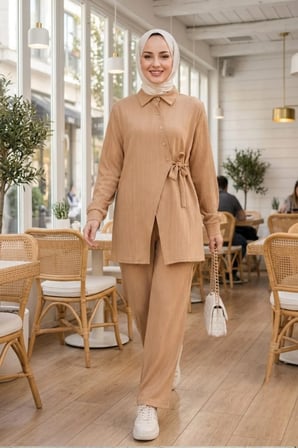 Kadın Düğmeli Kuşaklı  Çilek Kumaş Tunik Pantolon Bej İkili Takım