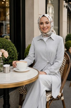 Kadın Düğmeli Kuşaklı  Çilek Kumaş Tunik Pantolon Gri İkili Takım