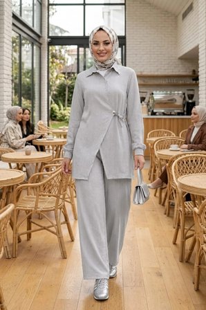 Kadın Düğmeli Kuşaklı  Çilek Kumaş Tunik Pantolon Gri İkili Takım
