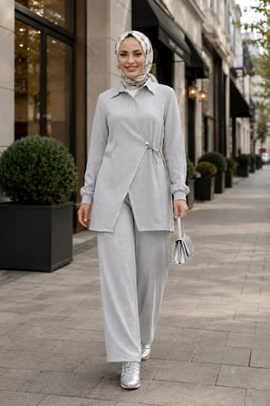 Kadın Düğmeli Kuşaklı  Çilek Kumaş Tunik Pantolon Gri İkili Takım