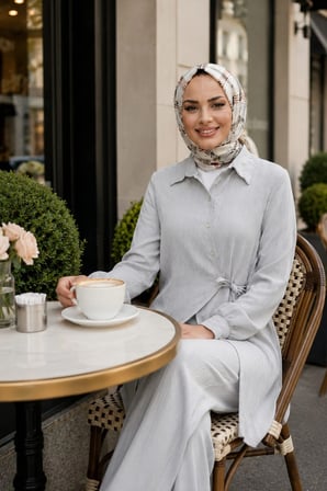 Kadın Düğmeli Kuşaklı  Çilek Kumaş Tunik Pantolon Gri İkili Takım