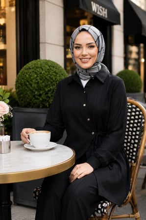 Kadın Düğmeli Kuşaklı  Çilek Kumaş Tunik Pantolon Siyah  İkili Takım
