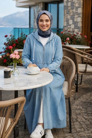 Kadın Kapüşonlu Fermuarlı Cepli Açık Mavi Kot Kap