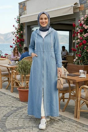 Kadın Kapüşonlu Fermuarlı Cepli Açık Mavi Kot Kap