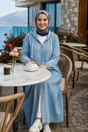 Kadın Kapüşonlu Fermuarlı Cepli Açık Mavi Kot Kap