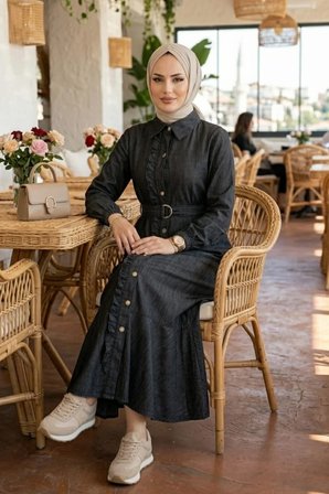 Kadın Fırfır Detaylı Düğmeli Kuşaklı Kot Siyah Elbise