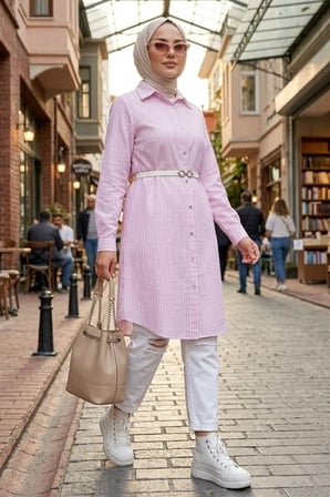 Kadın Çizgi Desenli Kemerli  Keten Pembe Gömlek