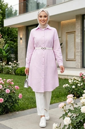 Kadın Çizgi Desenli Kemerli  Keten Pembe Gömlek