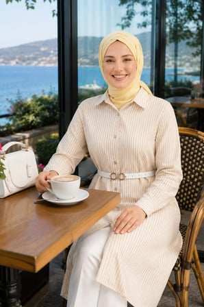 Kadın Çizgi Desenli Kemerli  Keten Bej Gömlek