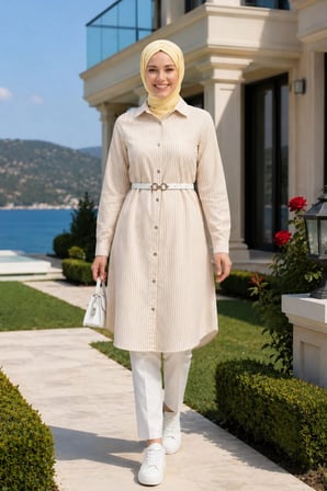 Kadın Çizgi Desenli Kemerli  Keten Bej Gömlek