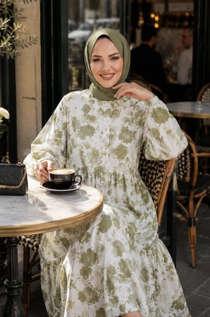Kadın Düğmeli Desenli Modal Kumaş Yeşil Elbise