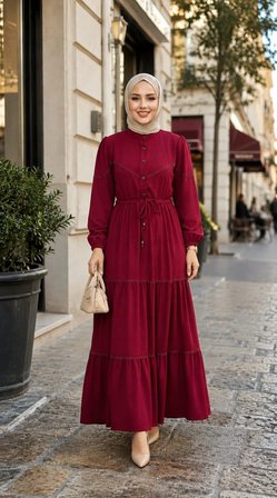 Kadın Dantel Detaylı Beli Bağcıklı Ayrobin Bordo Elbise