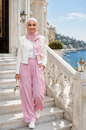 Kadın Beli Lastikli Çilek Kumaş Pembe Salaş Pantolon