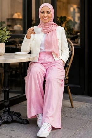 Kadın Beli Lastikli Çilek Kumaş Pembe Salaş Pantolon