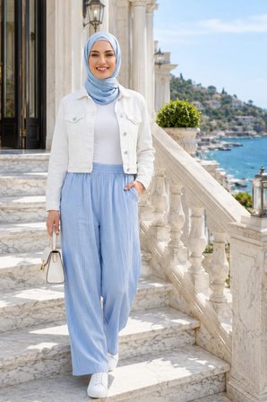Kadın Beli Lastikli Çilek Kumaş Mavi Salaş Pantolon