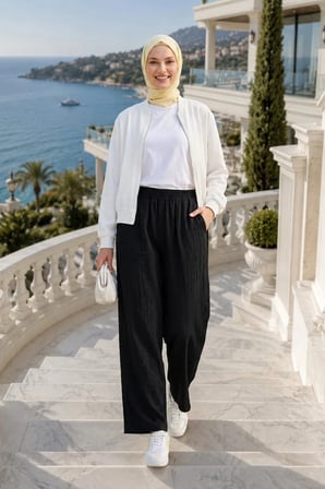 Kadın Beli Lastikli Çilek Kumaş Siyah Salaş Pantolon