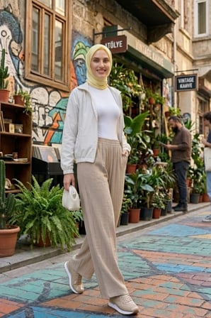 Kadın Beli Lastikli Çilek Kumaş Bej Salaş Pantolon