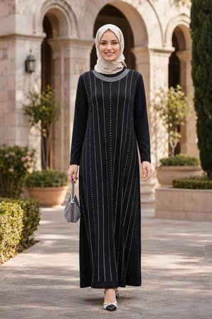 Kadın Taş İşlemeli Kristal Kumaş  Uzun Tesettür Siyah Elbise