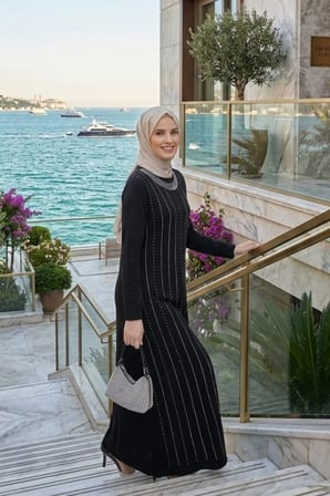 Kadın Taş İşlemeli Kristal Kumaş  Uzun Tesettür Siyah Elbise