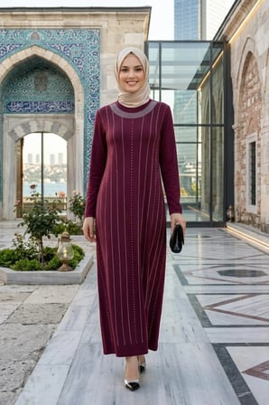 Kadın Taş İşlemeli Kristal Kumaş  Uzun Tesettür Bordo Elbise