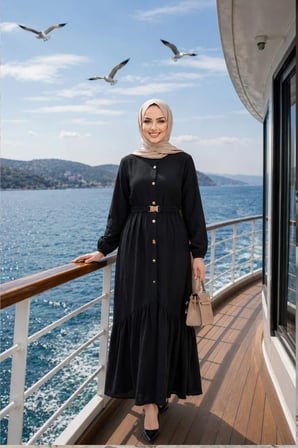 Kadın Düğmeli Kemerli Çilek Kumaş Siyah Elbise