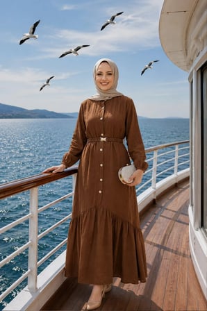Kadın Düğmeli Kemerli Çilek Kumaş Kahverengi  Elbise