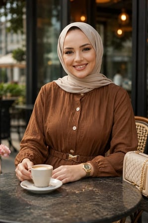 Kadın Düğmeli Kemerli Çilek Kumaş Kahverengi  Elbise