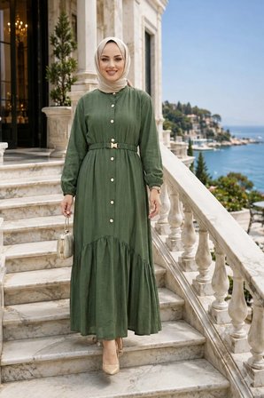 Kadın Düğmeli Kemerli Çilek Kumaş Haki  Elbise