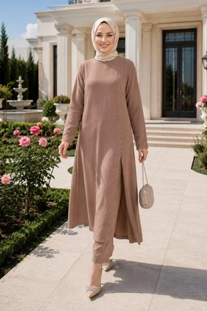 Kadın İnci İşlemeli Bej Tunik-Pantolon İkili Takım 