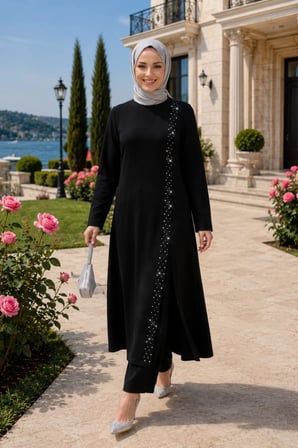 Kadın İnci İşlemeli Siyah Tunik-Pantolon İkili Takım 