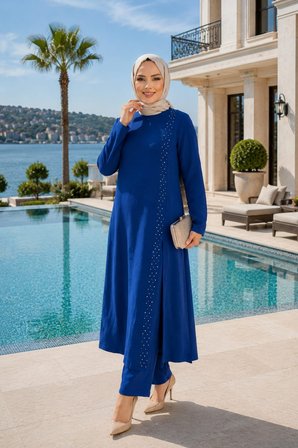 Kadın İnci İşlemeli Mavi Tunik-Pantolon İkili Takım 