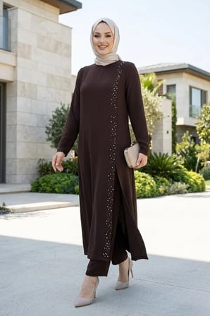 Kadın İnci İşlemeli Kahverengi Tunik-Pantolon İkili Takım 