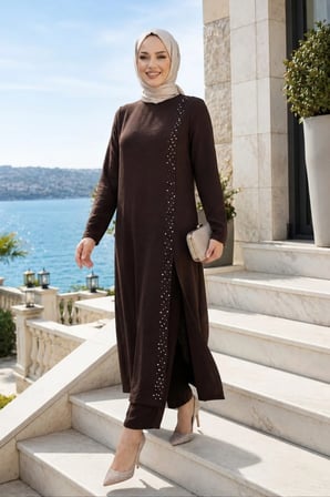 Kadın İnci İşlemeli Kahverengi Tunik-Pantolon İkili Takım 