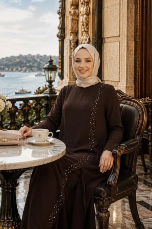Kadın İnci İşlemeli Kahverengi Tunik-Pantolon İkili Takım 