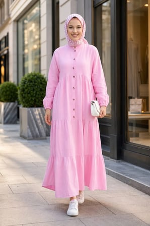 Kadın Düğmeli Kat Detaylı Keten Pembe Elbise