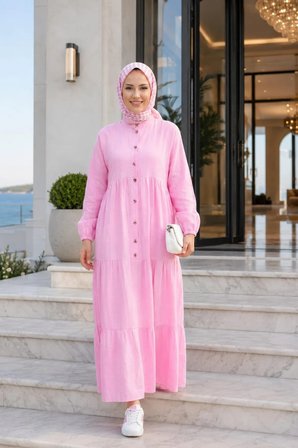 Kadın Düğmeli Kat Detaylı Keten Pembe Elbise