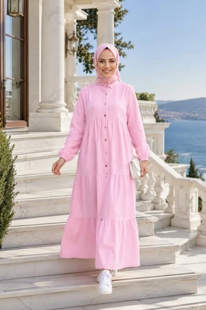 Kadın Düğmeli Kat Detaylı Keten Pembe Elbise