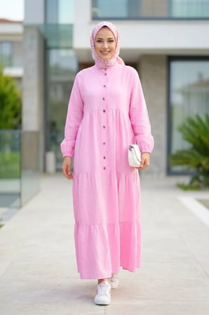 Kadın Düğmeli Kat Detaylı Keten Pembe Elbise