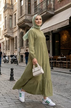 Kadın Düğmeli Kat Detaylı Keten Haki Elbise