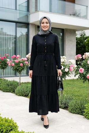 Kadın Düğmeli Dantel Detaylı Beli Bağcıklı Ayrobin Siyah Elbise