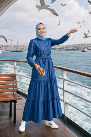 Kadın Dantel Detaylı Düğmeli ve Bağcıklı Kot Koyu Mavi Elbise