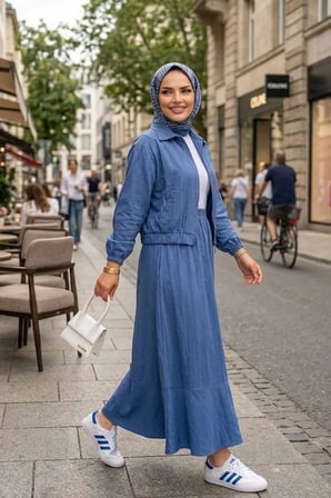 Kadın Fermuarlı Çilek Kumaş Mavi Ceket Etek İkili Takım