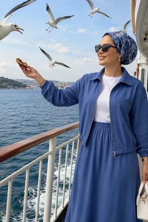 Kadın Fermuarlı Çilek Kumaş Mavi Ceket Etek İkili Takım