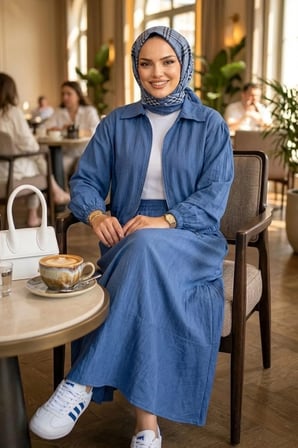 Kadın Fermuarlı Çilek Kumaş Mavi Ceket Etek İkili Takım