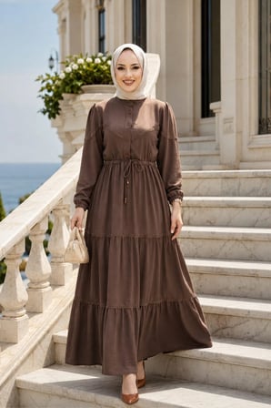 Kadın Düğmeli Dantel Detaylı Beli Bağcıklı Ayrobin Kahverengi  Elbise