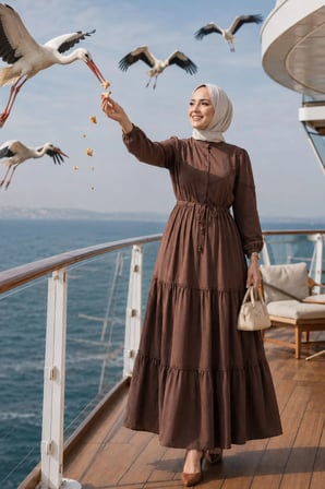 Kadın Düğmeli Dantel Detaylı Beli Bağcıklı Ayrobin Kahverengi  Elbise